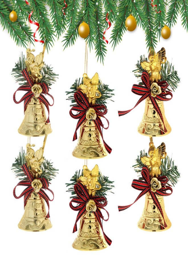 JOINPAYA 6Pcs Christmas Bell Ornaments: Gold Hanging Jingle Bells with Red Bow and Angel Shape for Xmas Tree Home Door Garden Pendant - Image 1